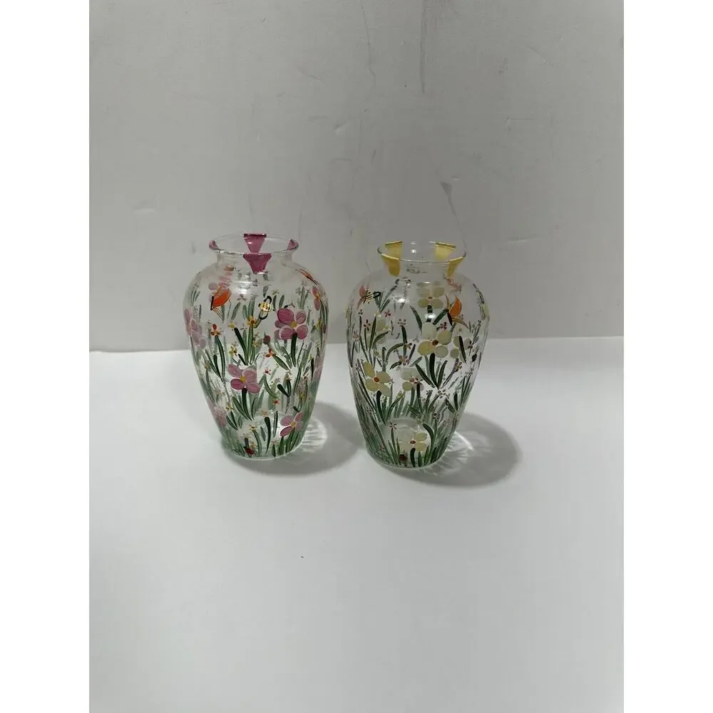 Set Of 2 Vintage Small Hand‎ Painted Floral Clear Glass Vase Signed K. LaRussa